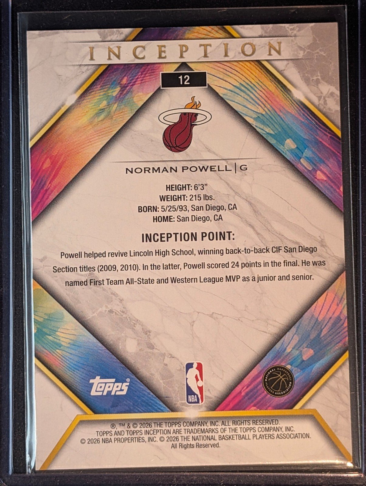 Back of 2025-26 Topps Inception #12 Norman Powell