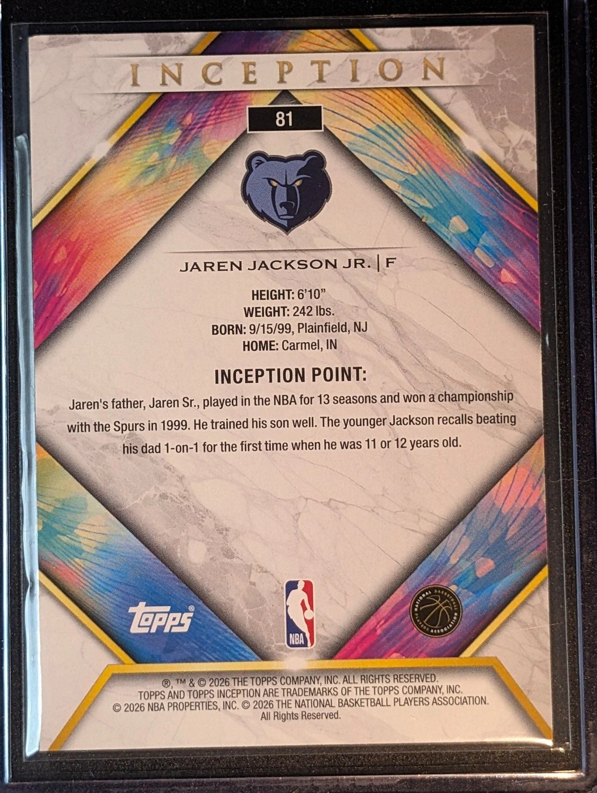 Back of 2025-26 Topps Inception #81 Jaren Jackson Jr.