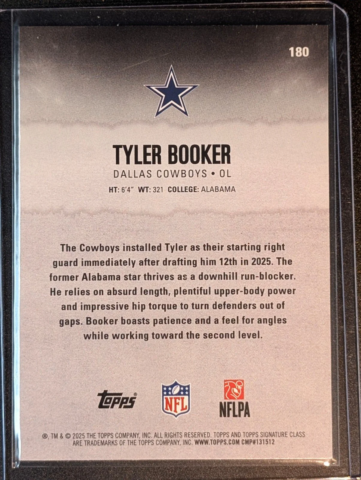 Back of 2025 Topps Signature Class #180 Tyler Booker Green & Purple