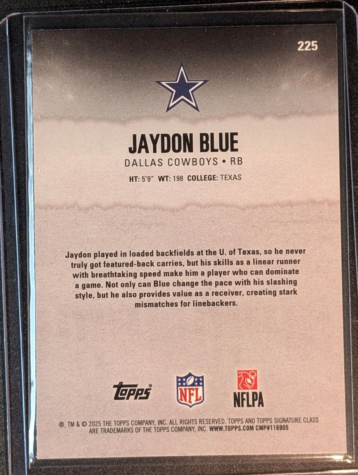 Back of 2025 Topps Signature Class #225 Jaydon Blue Chrome