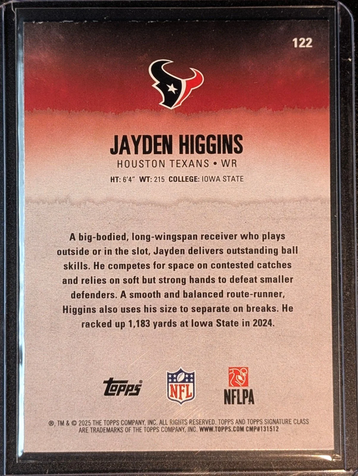 Back of 2025 Topps Signature Class #122 Jayden Higgins Green & Purple