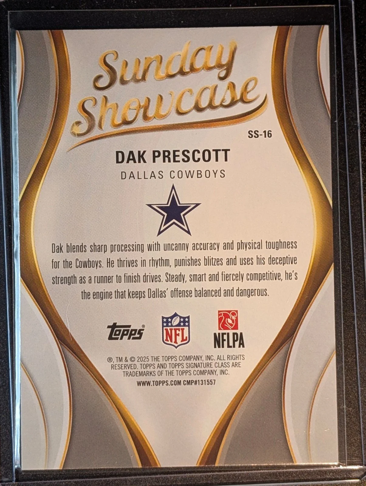 Back of 2025 Topps Signature Class #SS-16 Dak Prescott Sunday Showcase