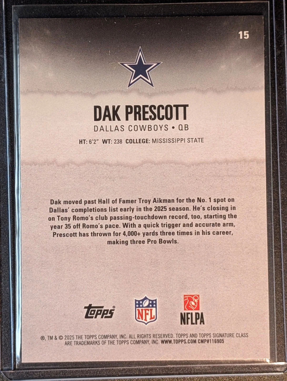 Back of 2025 Topps Signature Class #15 Dak Prescott Chrome