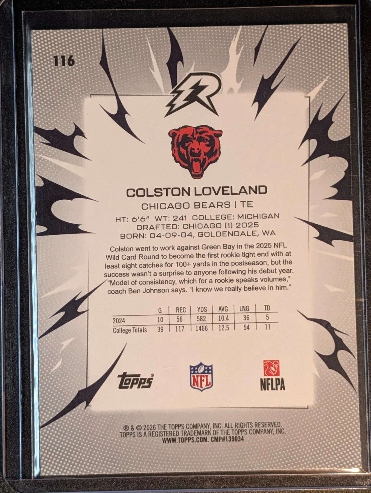Back of 2025 Topps Resurgence #116 Colston Loveland