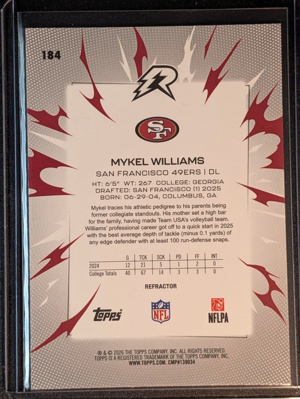 Back of 2025 Topps Resurgence #184 Mykel Williams Refractor
