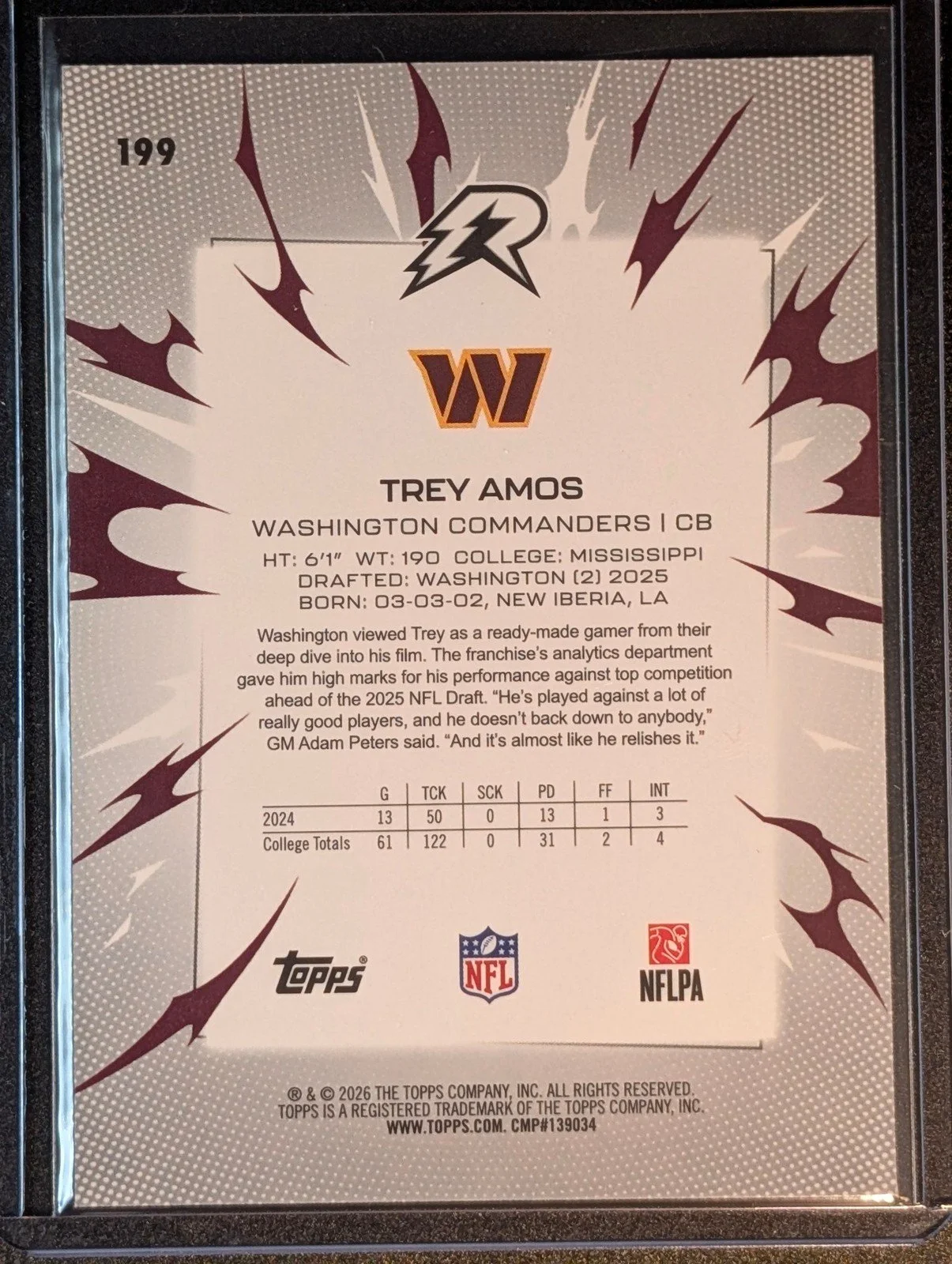 Back of 2025 Topps Resurgence #199 Trey Amos