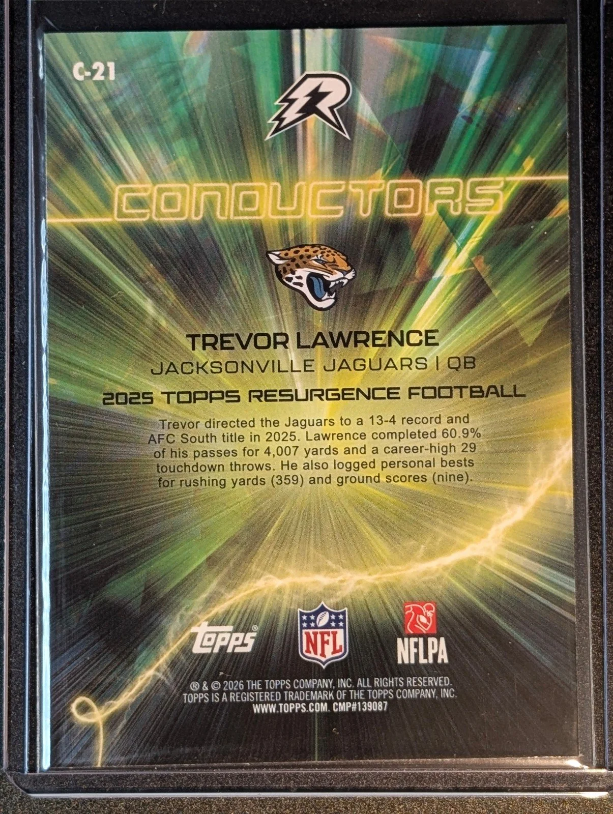 Back of 2025 Topps Resurgence #C-21 Trevor Lawrence Conductors