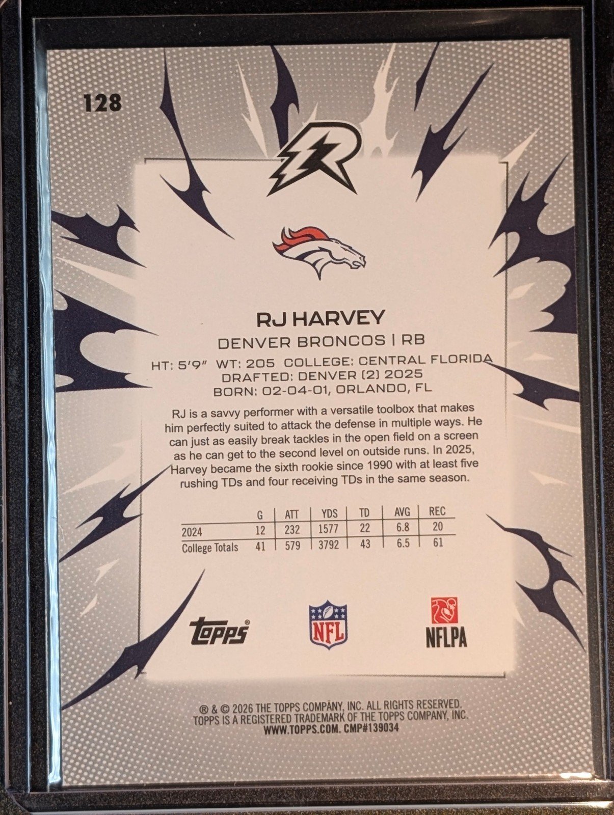 Back of 2025 Topps Resurgence #128 RJ Harvey