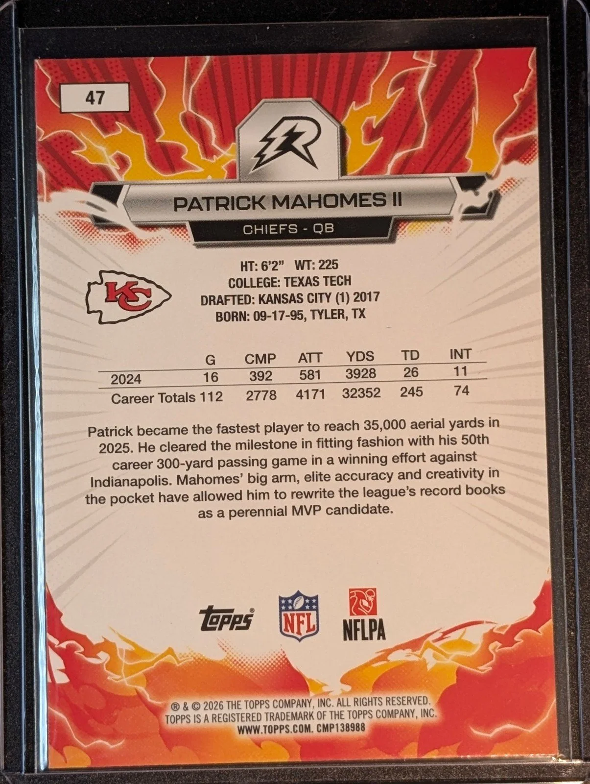 Back of 2025 Topps Resurgence #47 Patrick Mahomes II