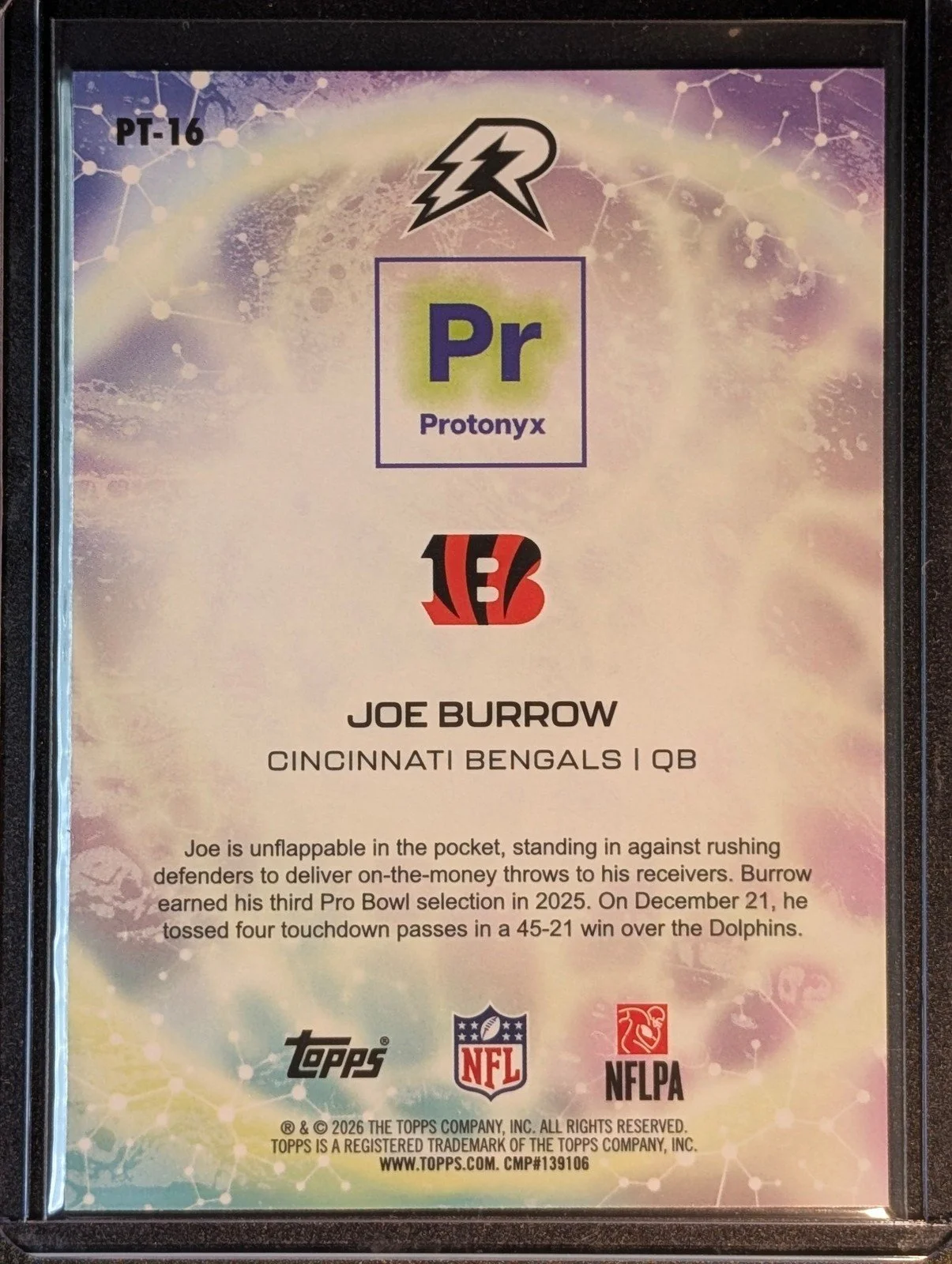 Back of 2025 Topps Resurgence #PT-16 Joe Burrow Protonyx