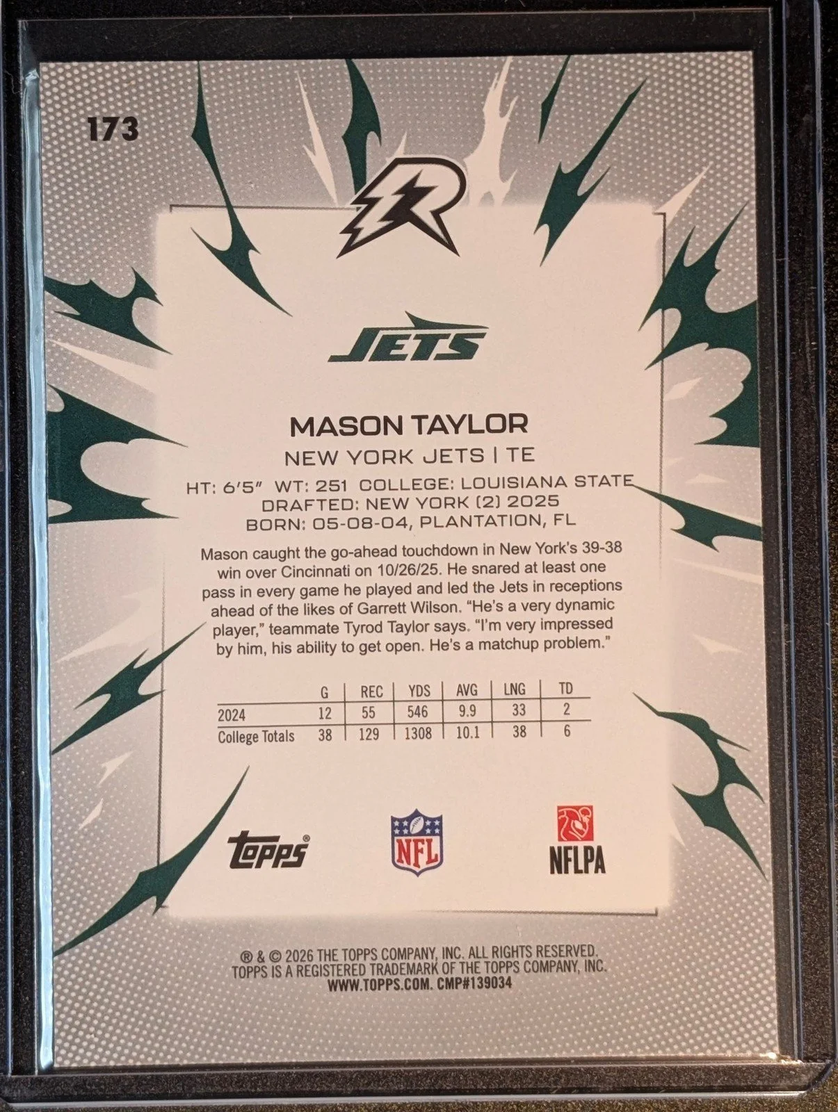 Back of 2025 Topps Resurgence #173 Mason Taylor