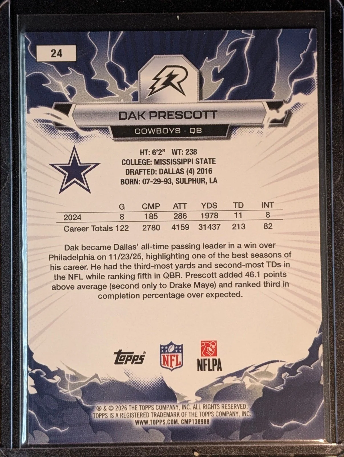 Back of 2025 Topps Resurgence #24 Dak Prescott Blue & Orange Spark Refractor