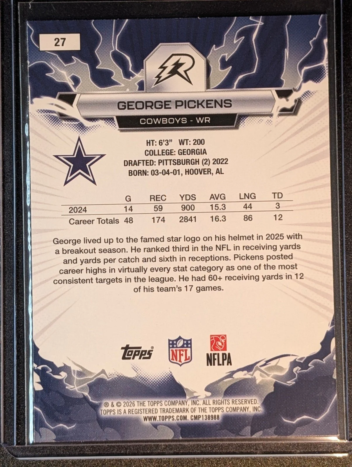 Back of 2025 Topps Resurgence #27 George Pickens Blue & Orange Spark Refractor