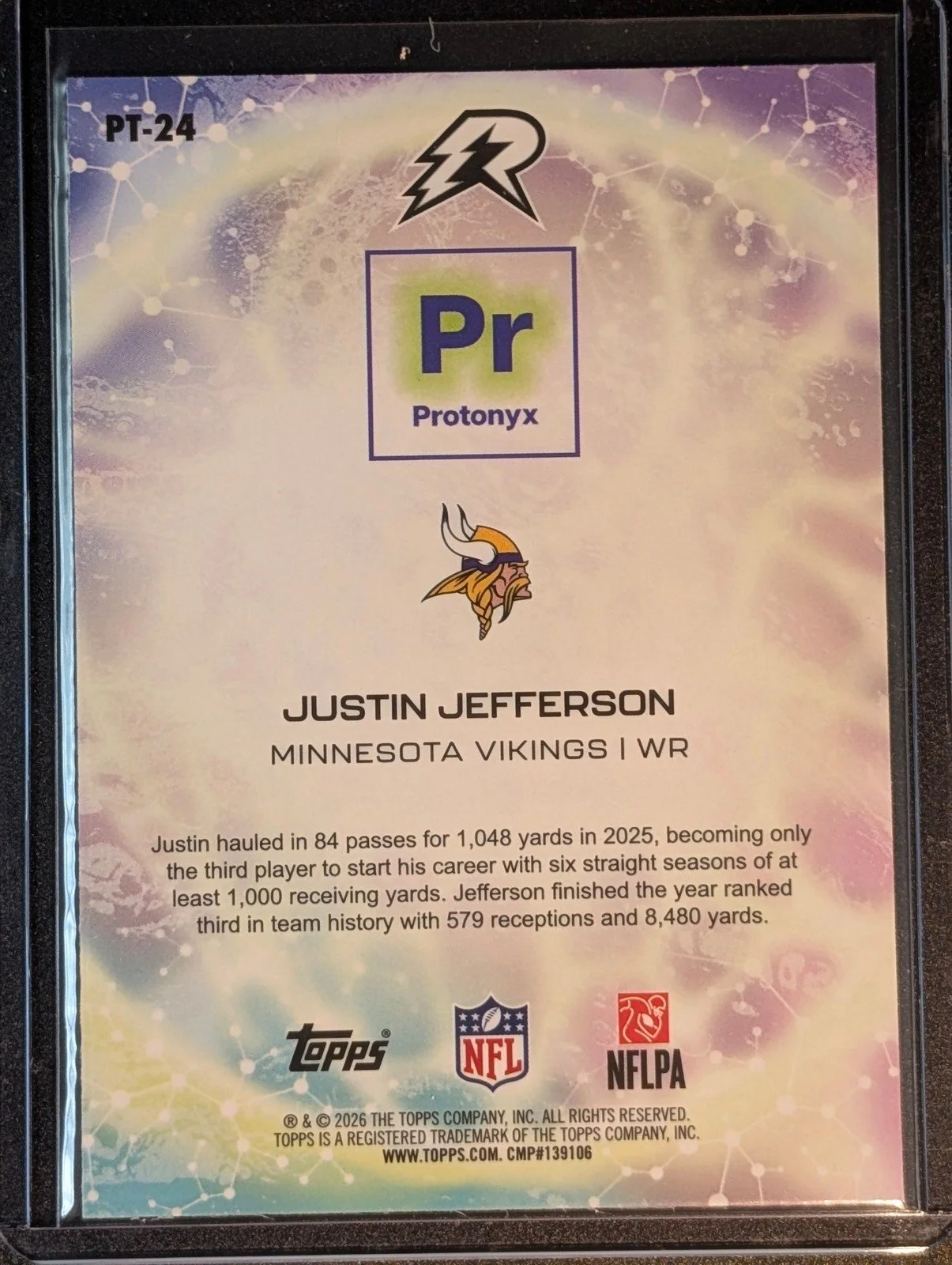 Back of 2025 Topps Resurgence /125 #PT-24 Justin Jefferson Protonyx