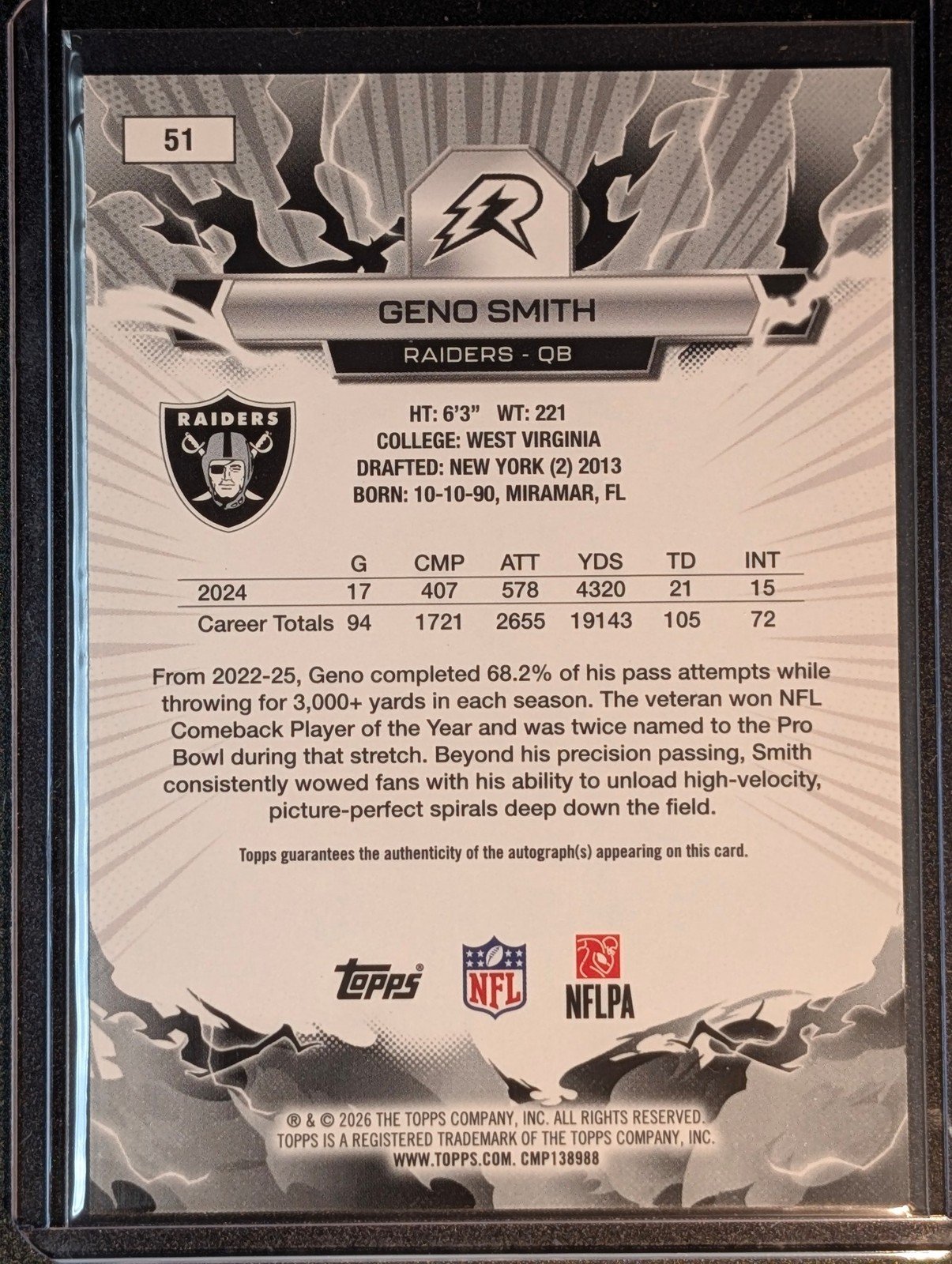 Back of 2025 Topps Resurgence 25/25 #51 Geno Smith Signatures Orange Static /25