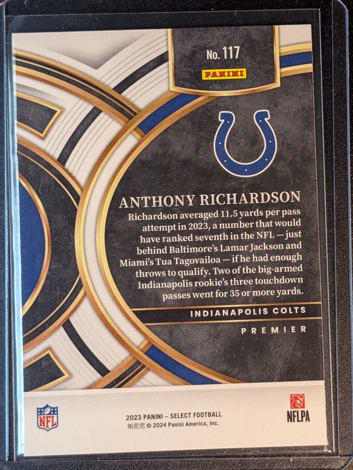 Back of 2023 Panini Select #117 Anthony Richardson Rookie