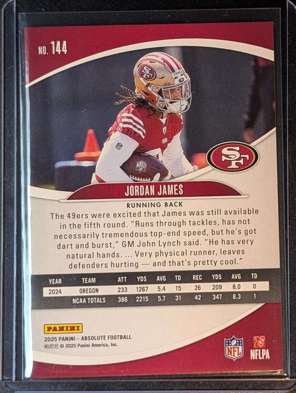 Back of 2025 Panini Absolute #144 Jordan James Rookie