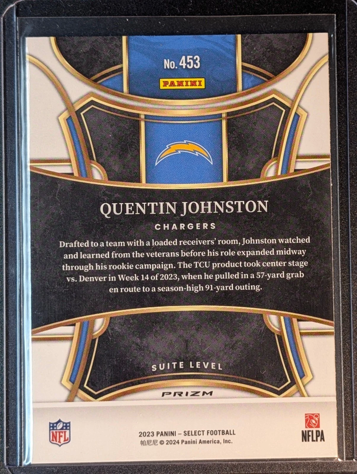 Back of 2023 Panini Select #453 Quentin Johnston Disco Prizms