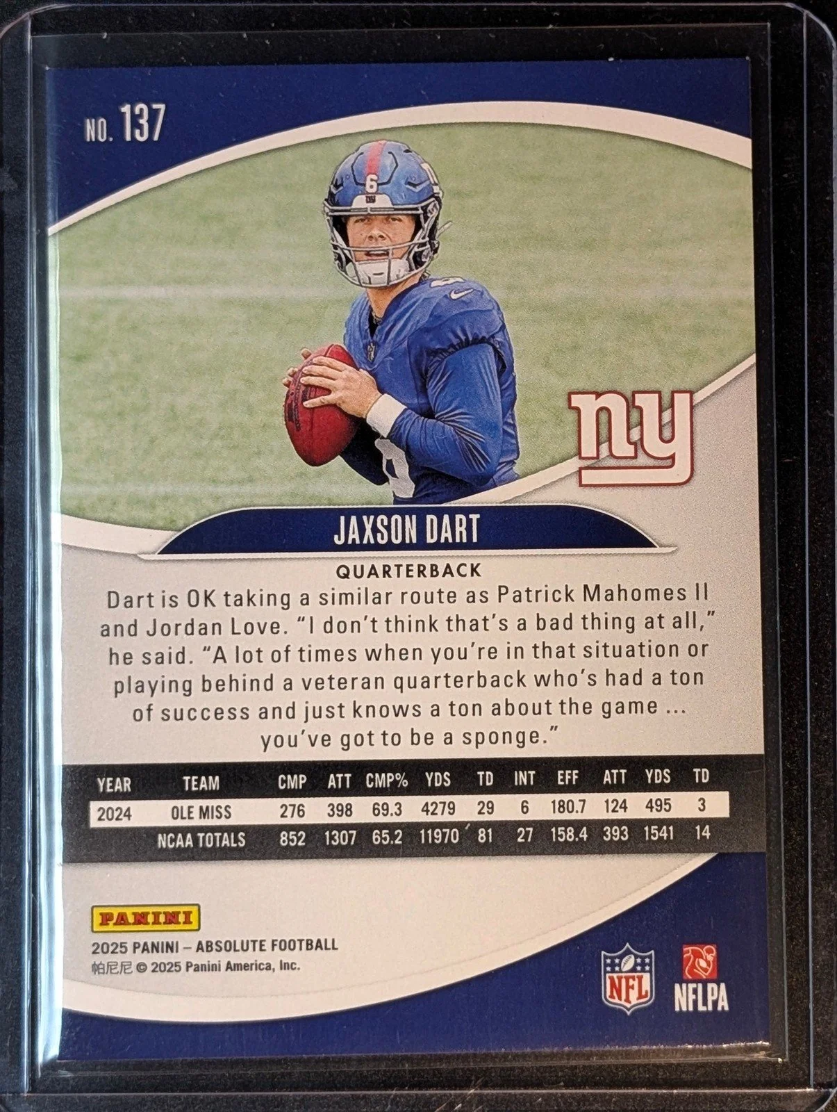 Back of 2025 Panini Absolute #137 Jaxson Dart Rookie