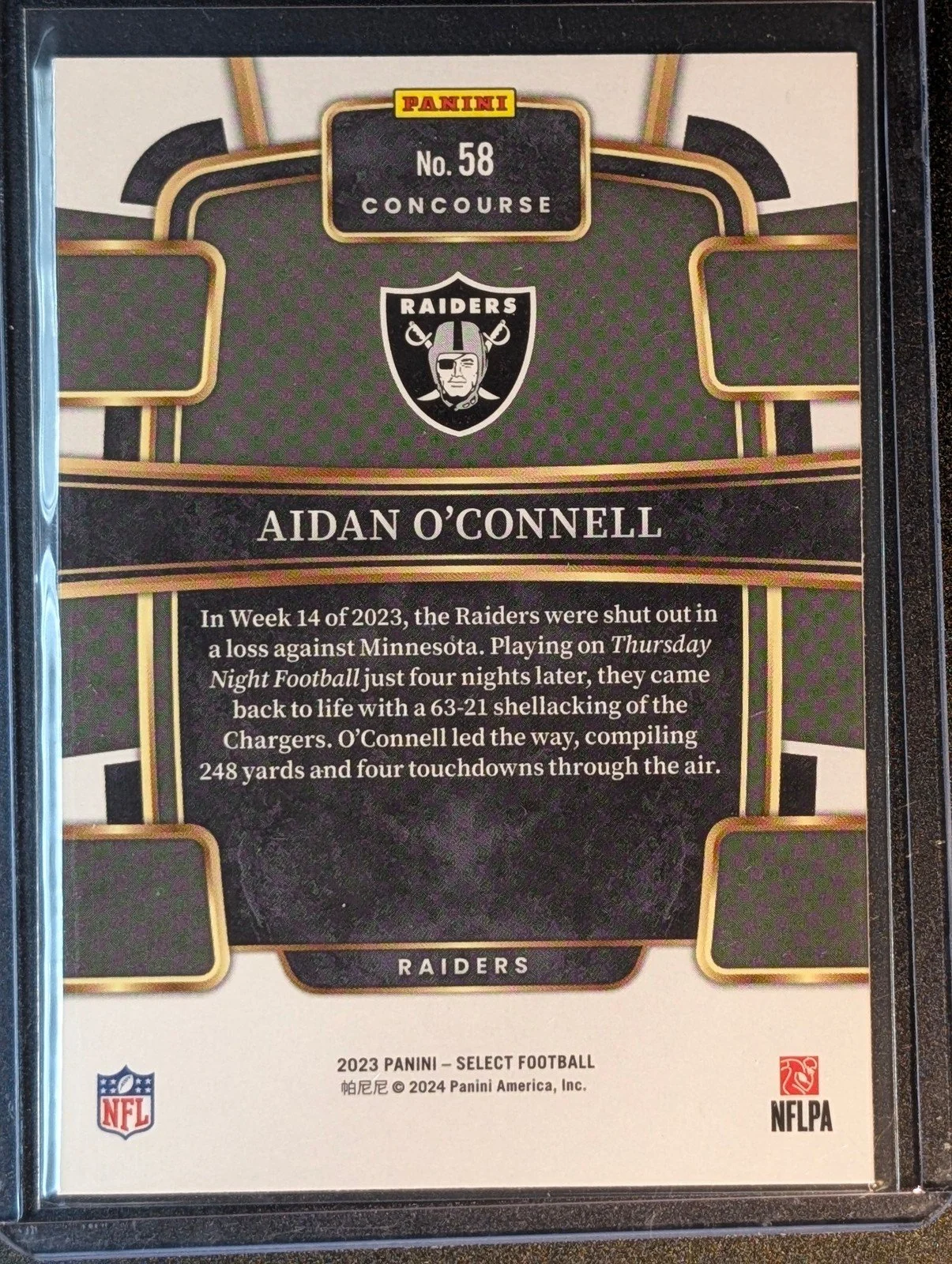 Back of 2024 Panini Select #58 Aidan O'Connell Select Rookie