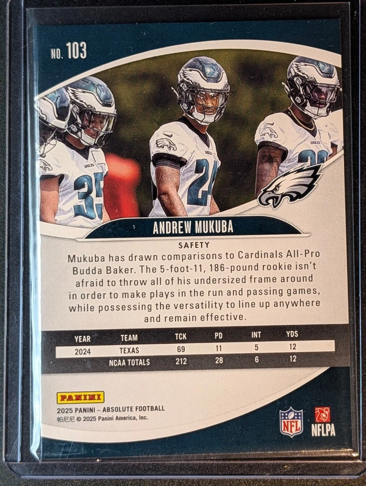 Back of 2025 Panini Absolute #103 Andrew Mukuba Rookie