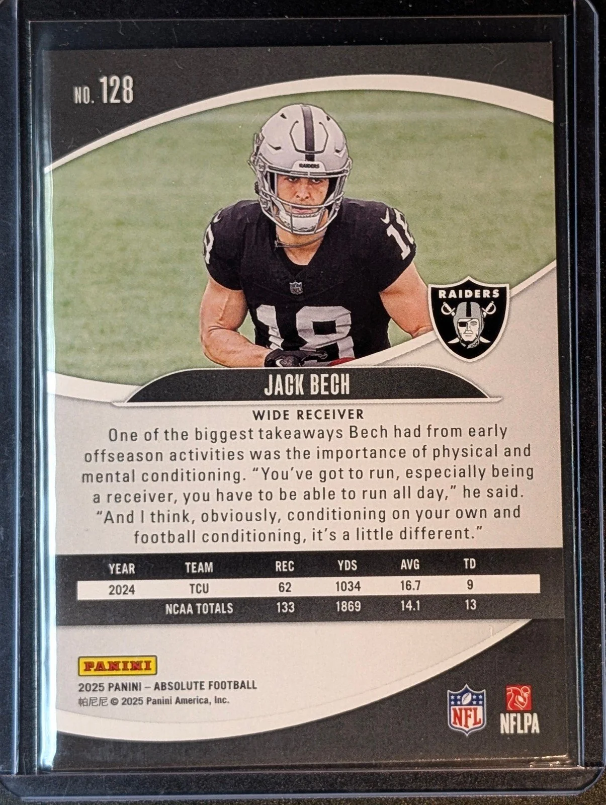Back of 2025 Panini Absolute #128 Jack Bech Rookie