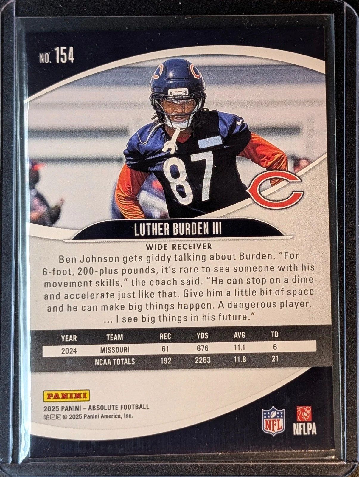 Back of 2025 Panini Absolute #154 Luther Burden III Rookie