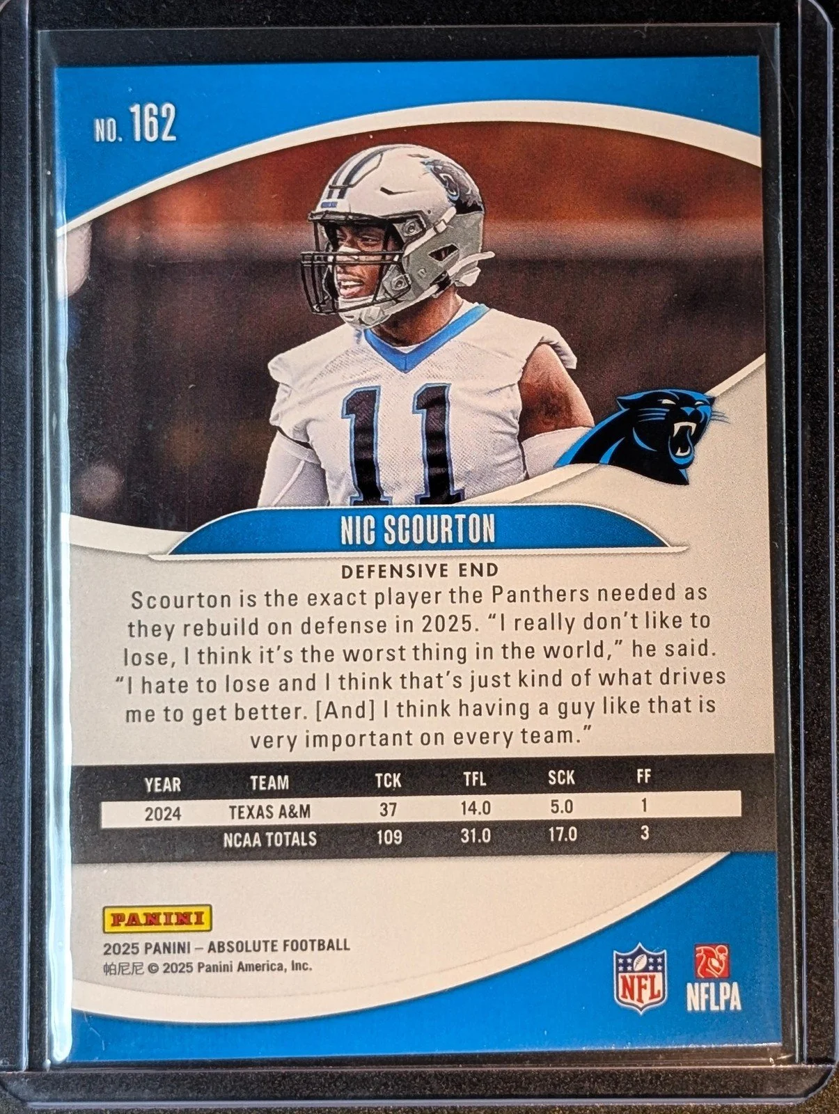 Back of 2025 Panini Absolute #162 Nic Scourton Rookie