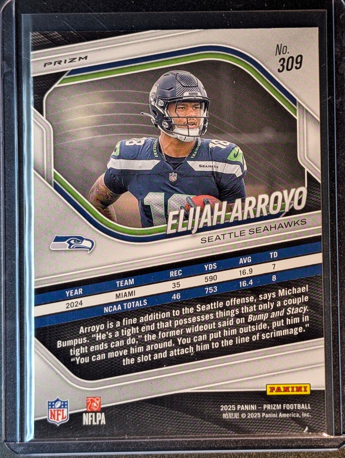 Back of 2025 Panini Prizm #309 Elijah Arroyo Green Pulsar Rookie