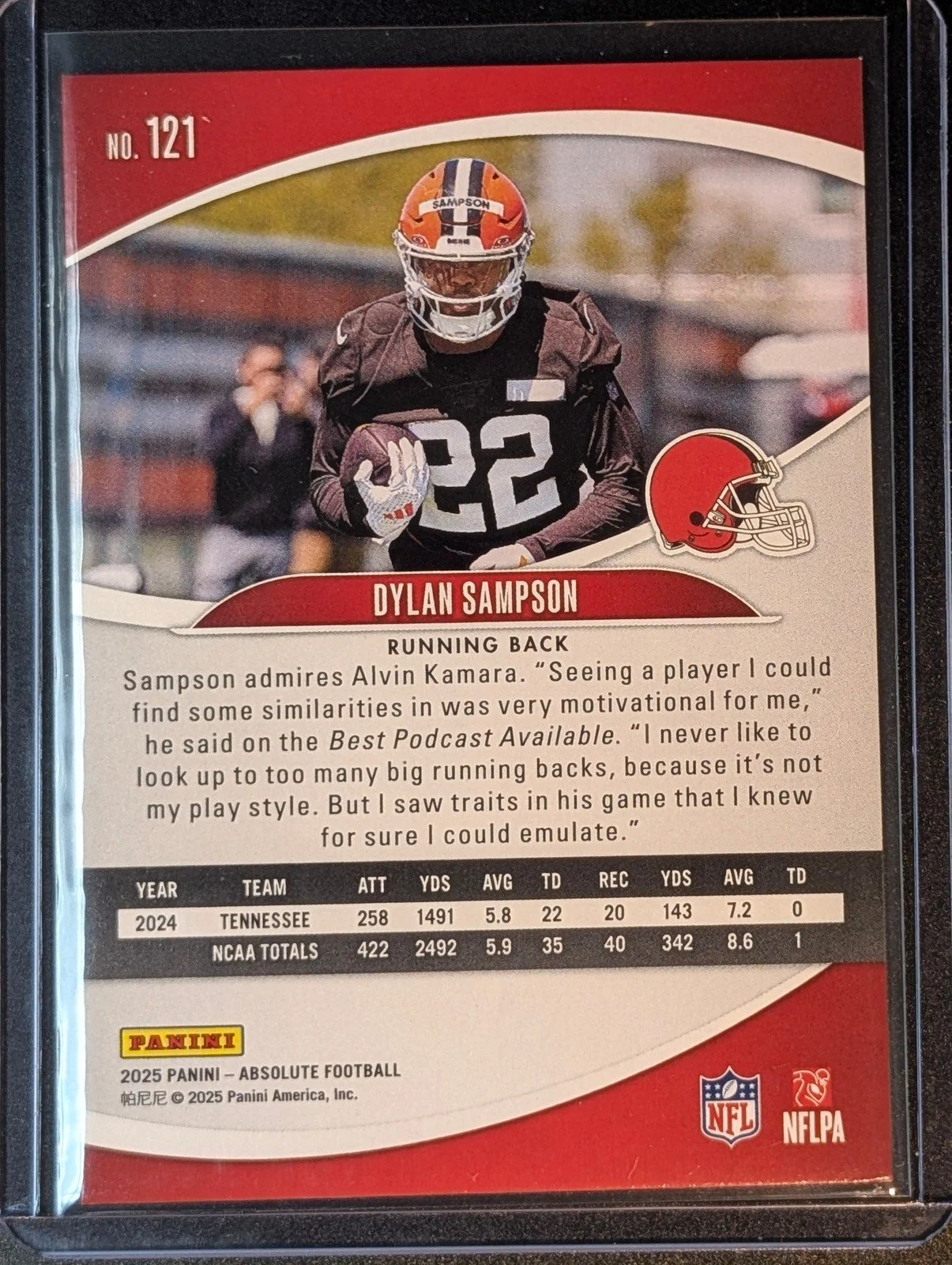 Back of 2025 Panini Absolute #121 Dylan Sampson Rookie