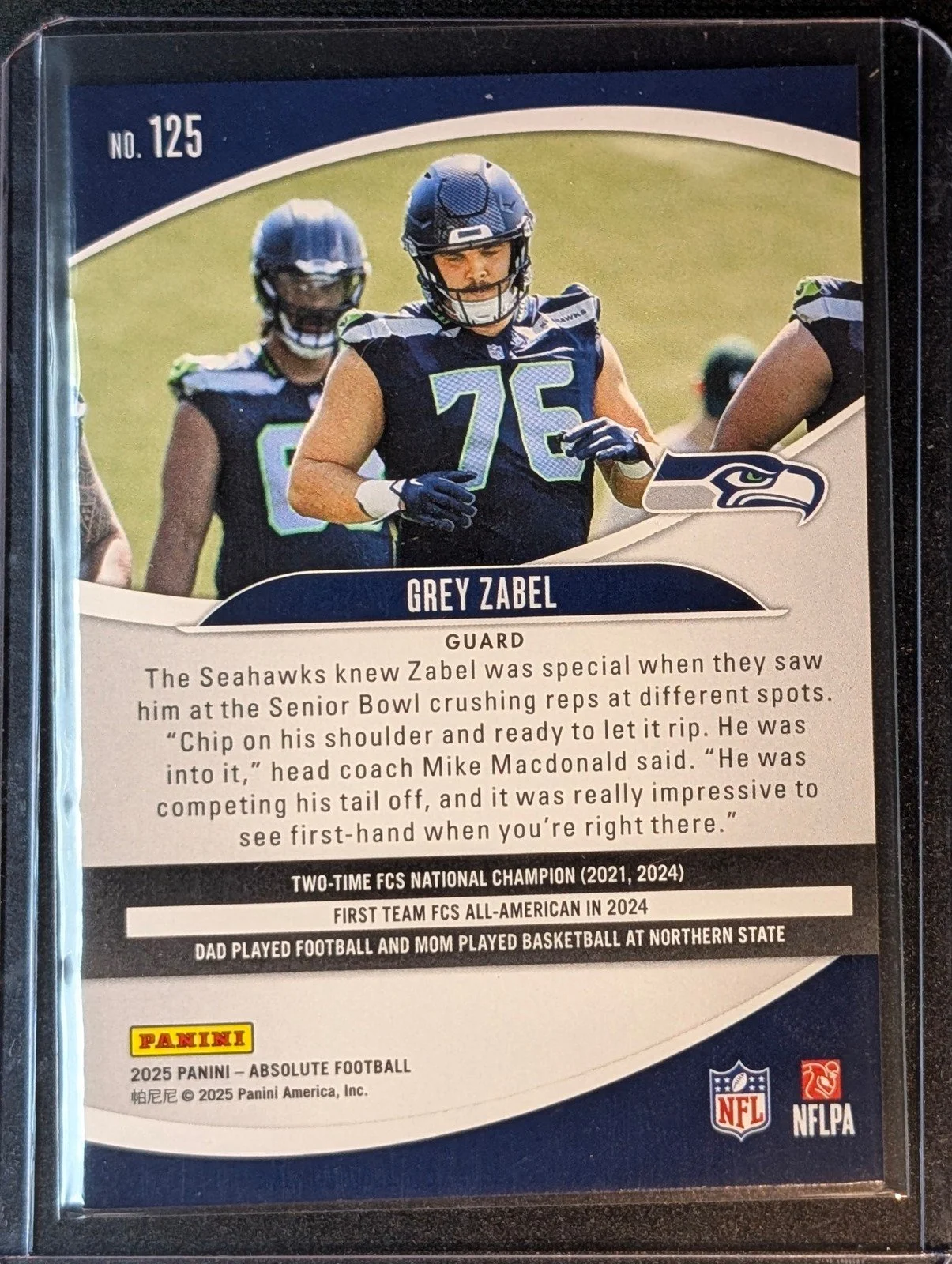 Back of 2025 Panini Absolute #125 Grey Zabel Red, White and Blue Kaleidoscope Rookie
