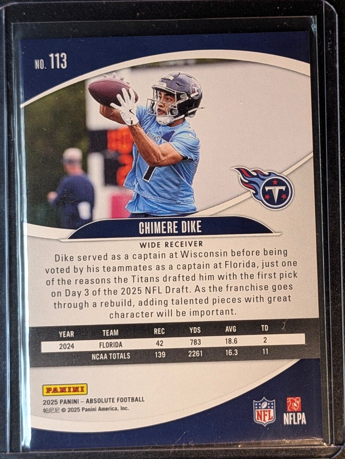 Back of 2025 Panini Absolute #113 Chimere Dike Rookie