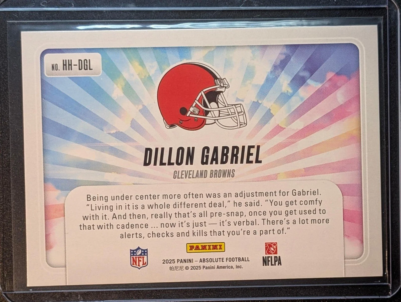 Back of 2025 Panini Absolute #HH-DGL Dillon Gabriel Hog Heaven Rookie
