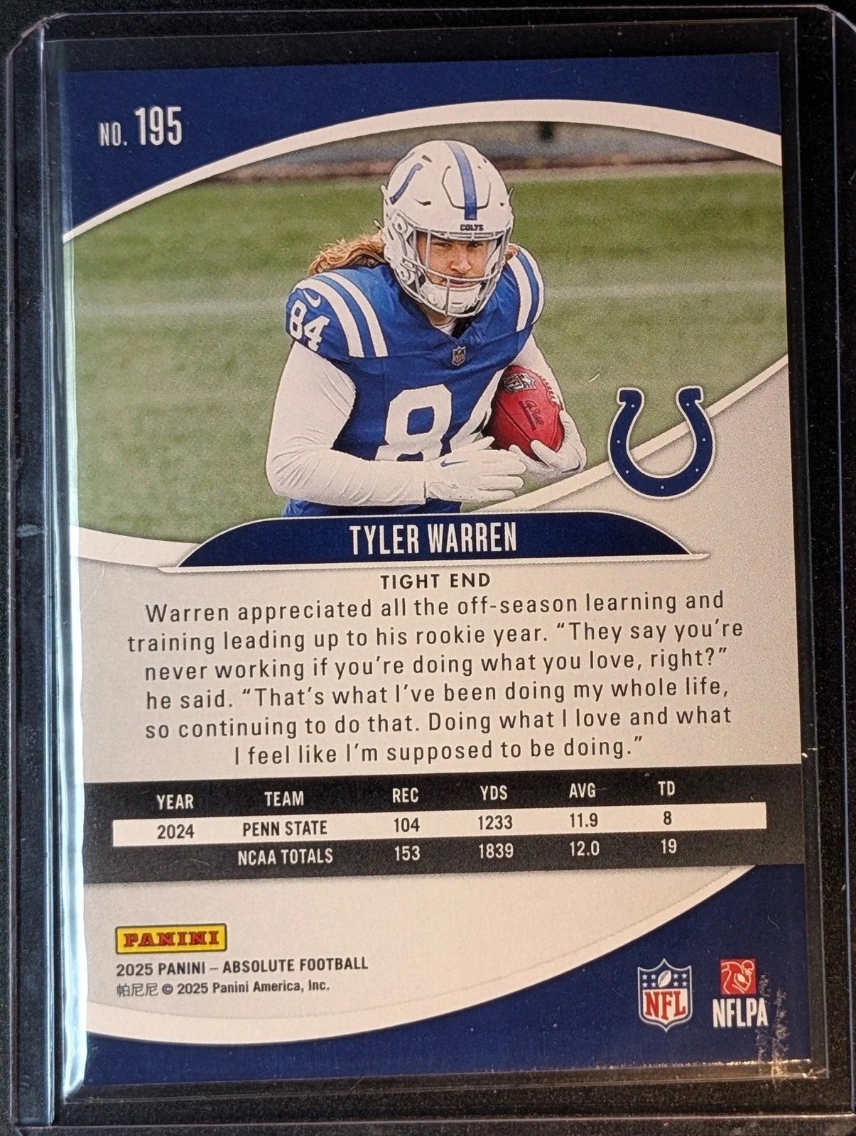 Back of 2025 Panini Absolute #195 Tyler Warren Rookie