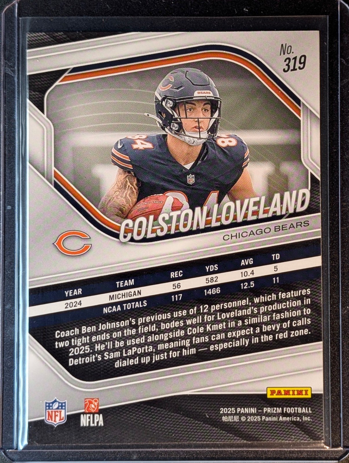 Back of 2025 Panini Prizm #319 Colston Loveland Rookie