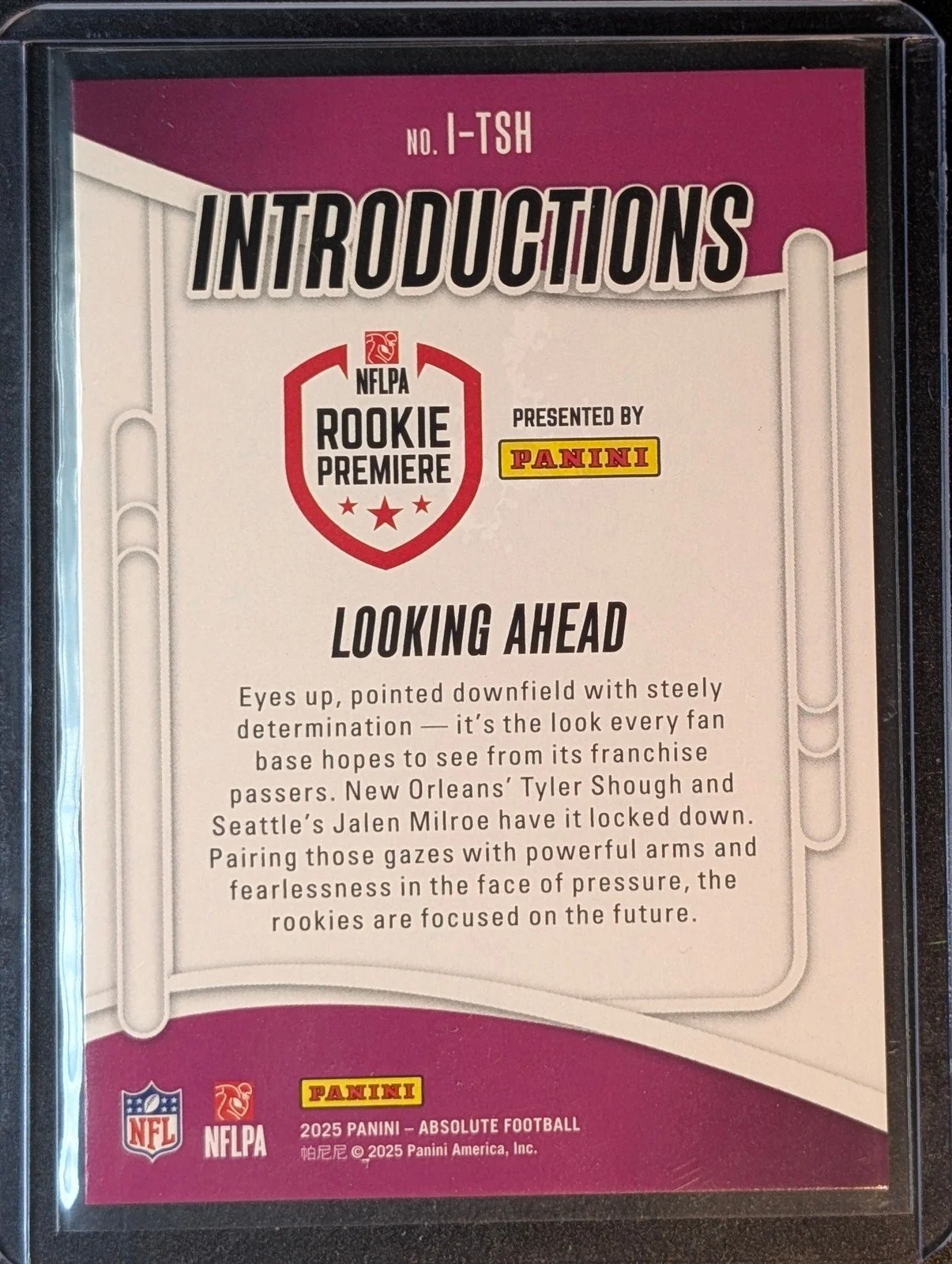 Back of Tyler Shough / Jalen Milroe 2025 Panini Absolute #I-TSH Looking Ahead