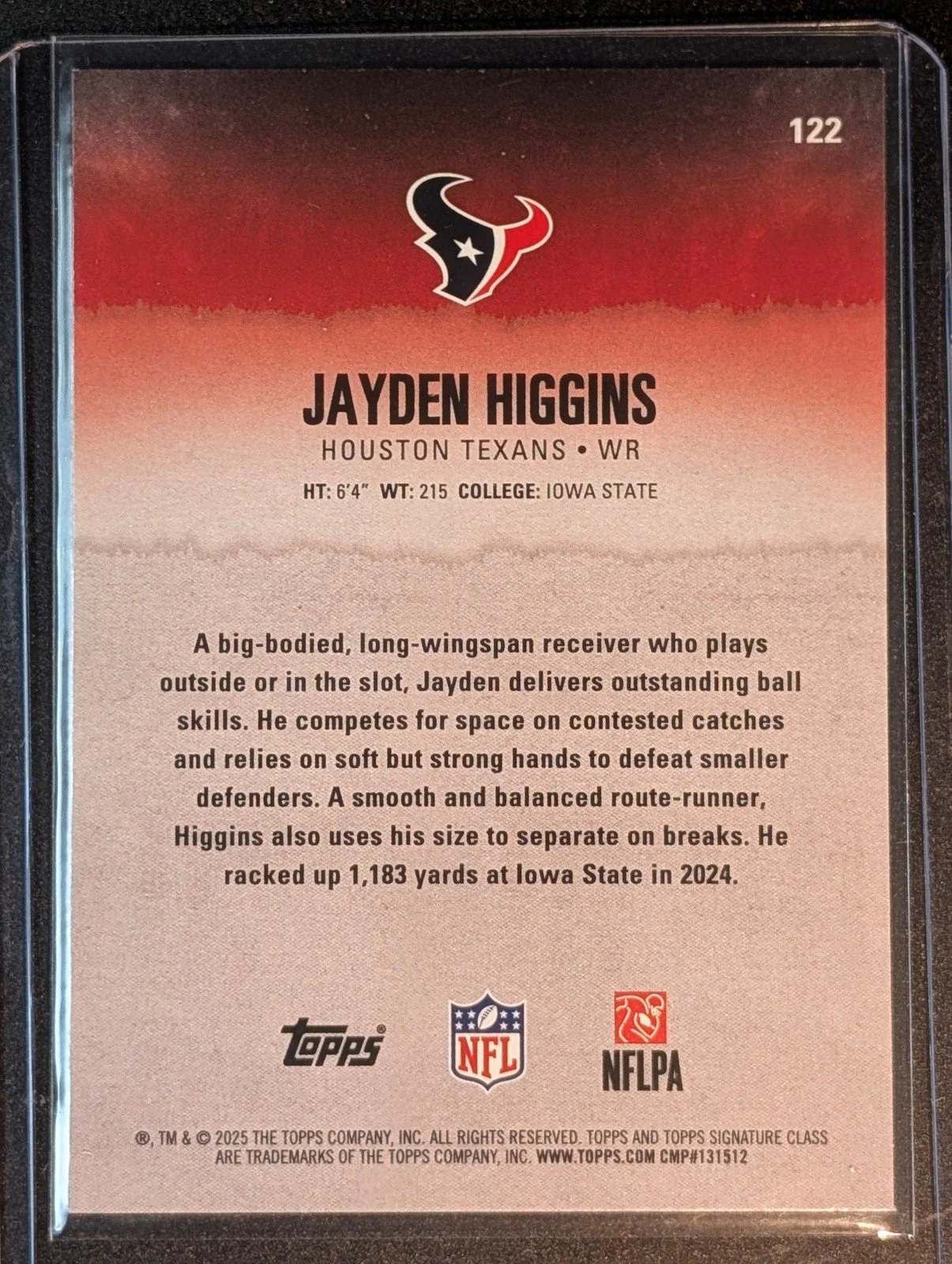 Back of 2025 Topps Signature Class #122 Jayden Higgins Green & Purple