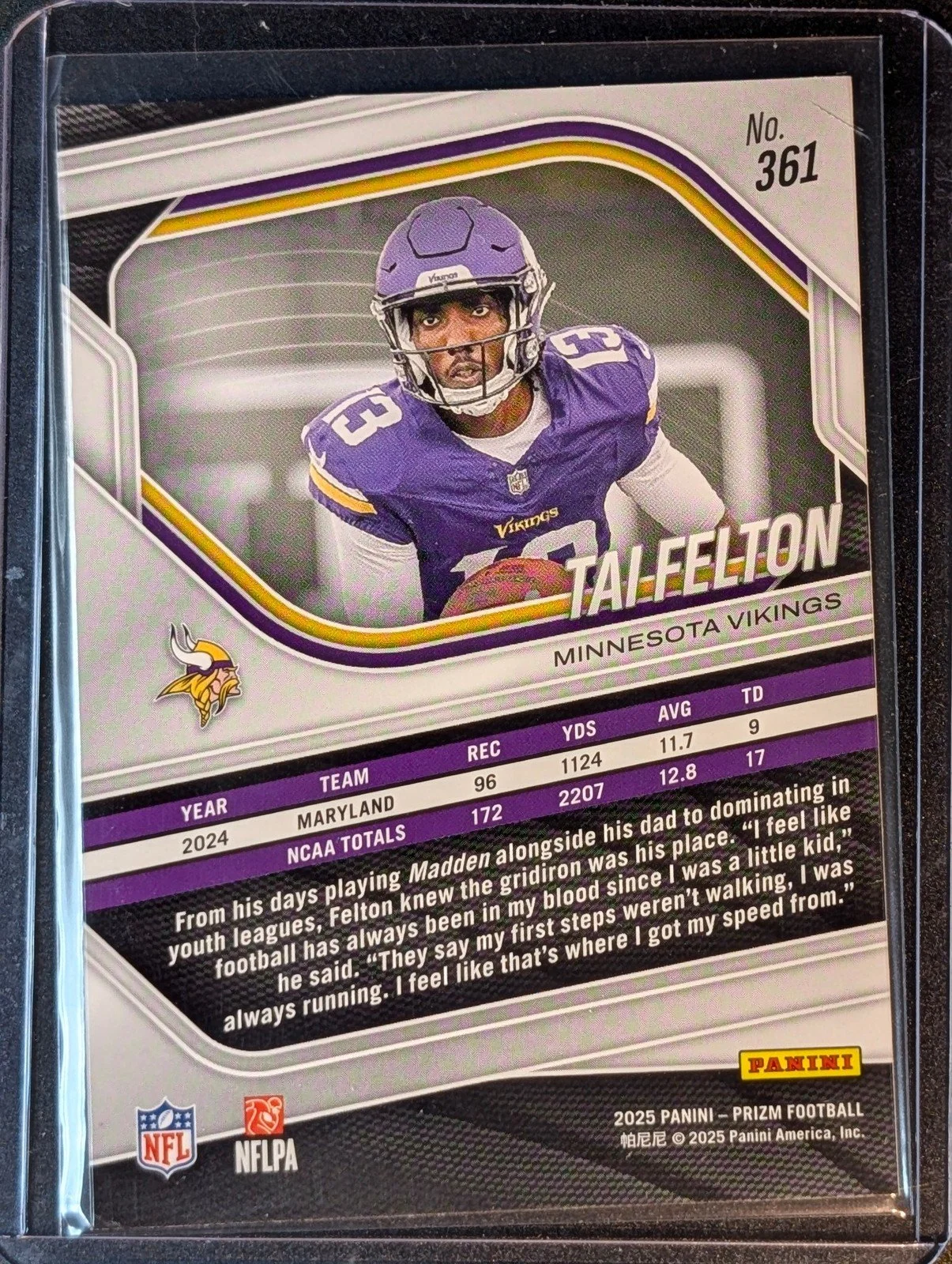 Back of 2025 Panini Prizm #361 Tai Felton Rookie