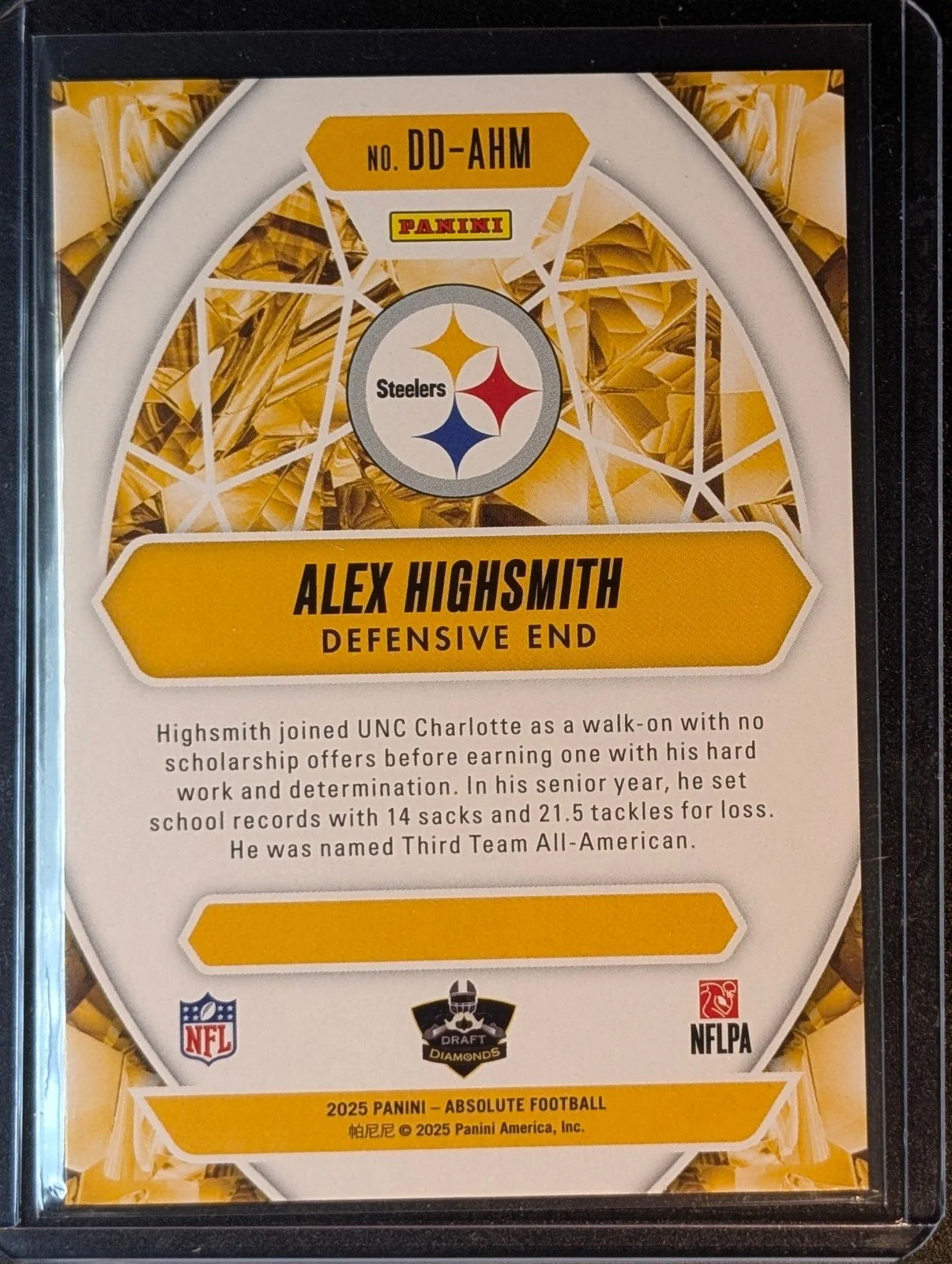 Back of 2025 Panini Absolute #DD-AHM Alex Highsmith Draft Diamonds