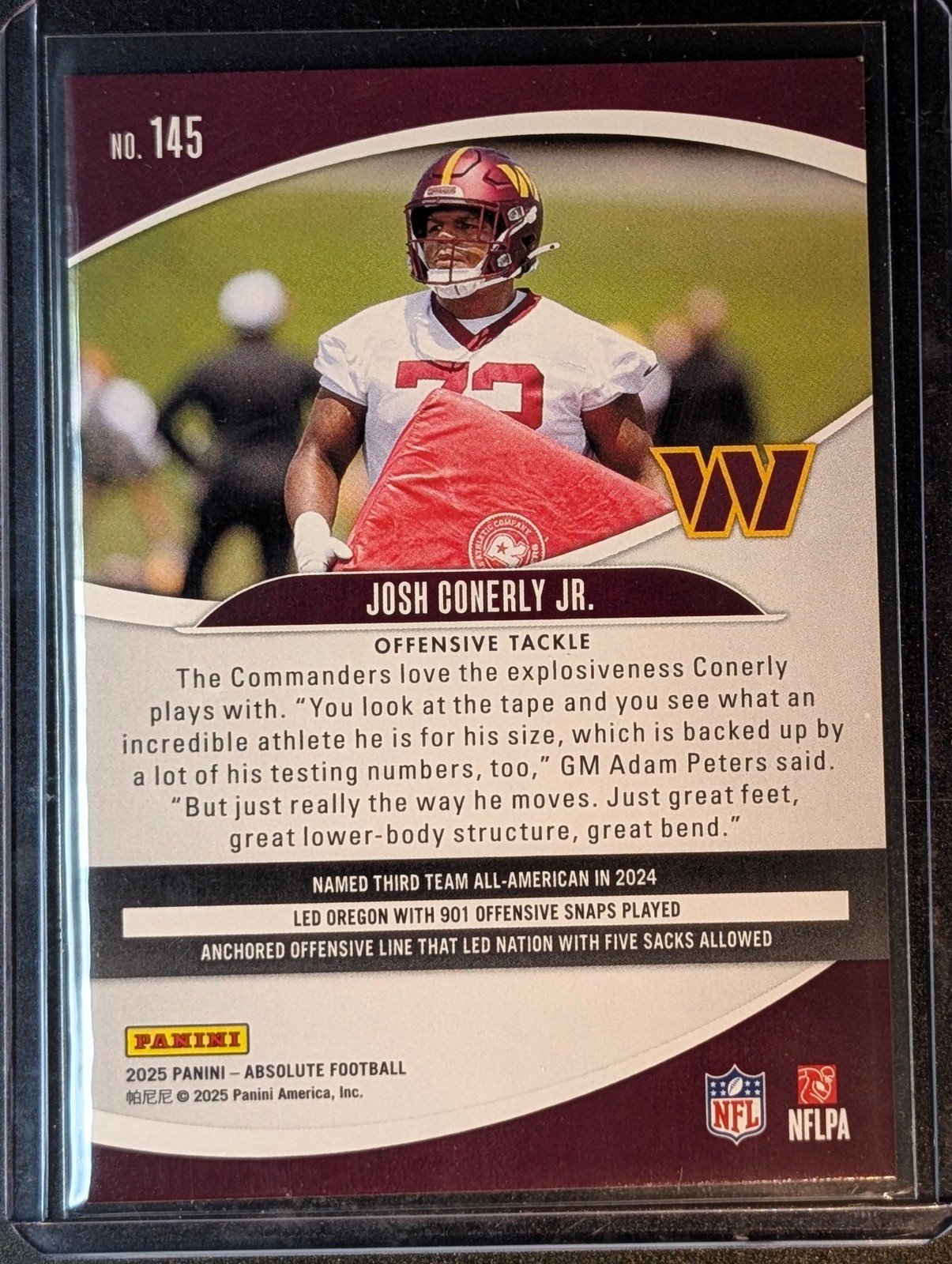 Back of 2025 Panini Absolute #145 Josh Conerly Jr. Rookie