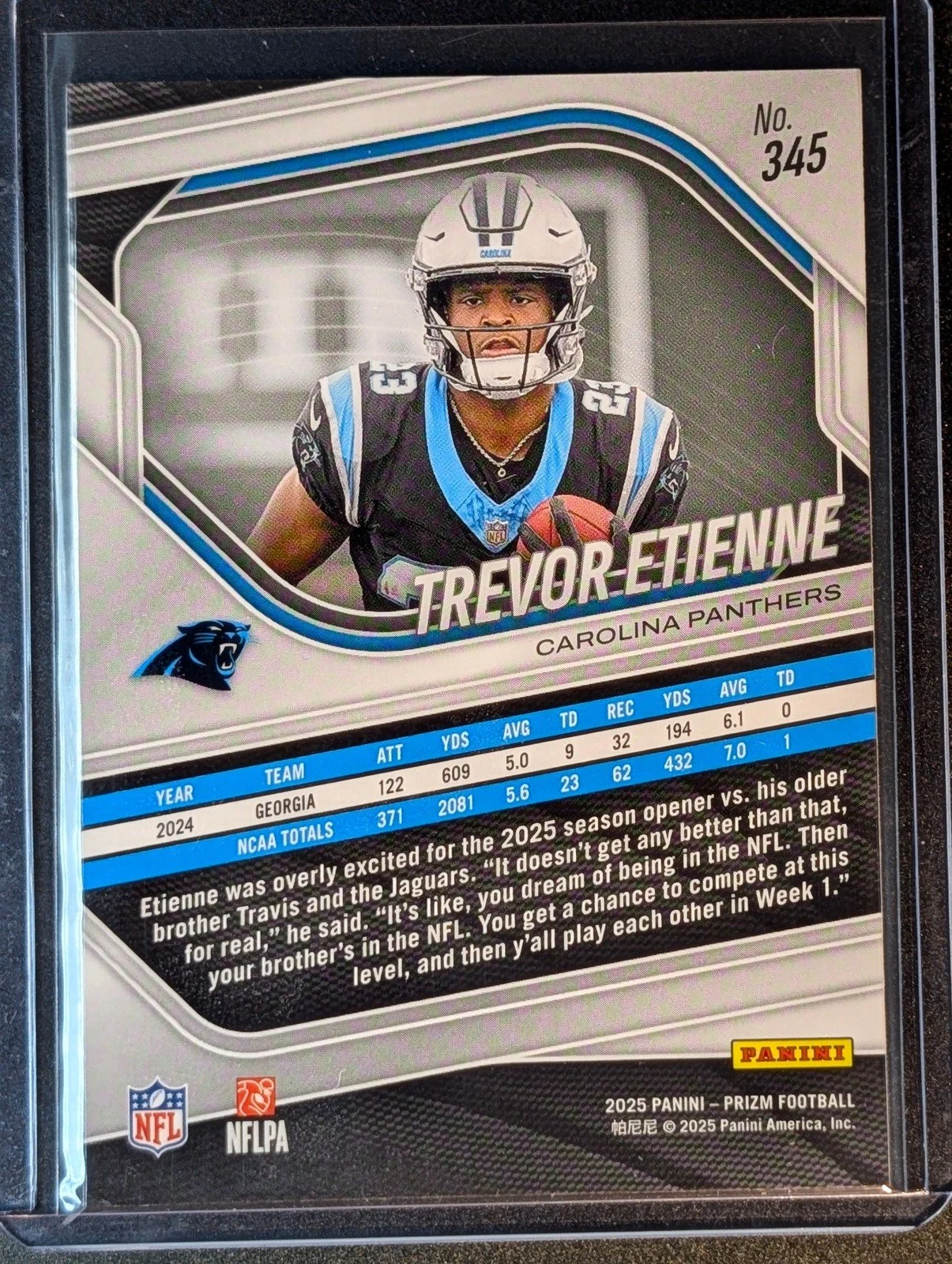 Back of 2025 Panini Prizm #345 Trevor Etienne Rookie