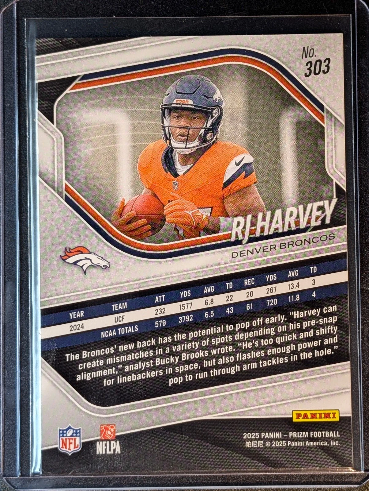 Back of 2025 Panini Prizm #303 RJ Harvey Rookie