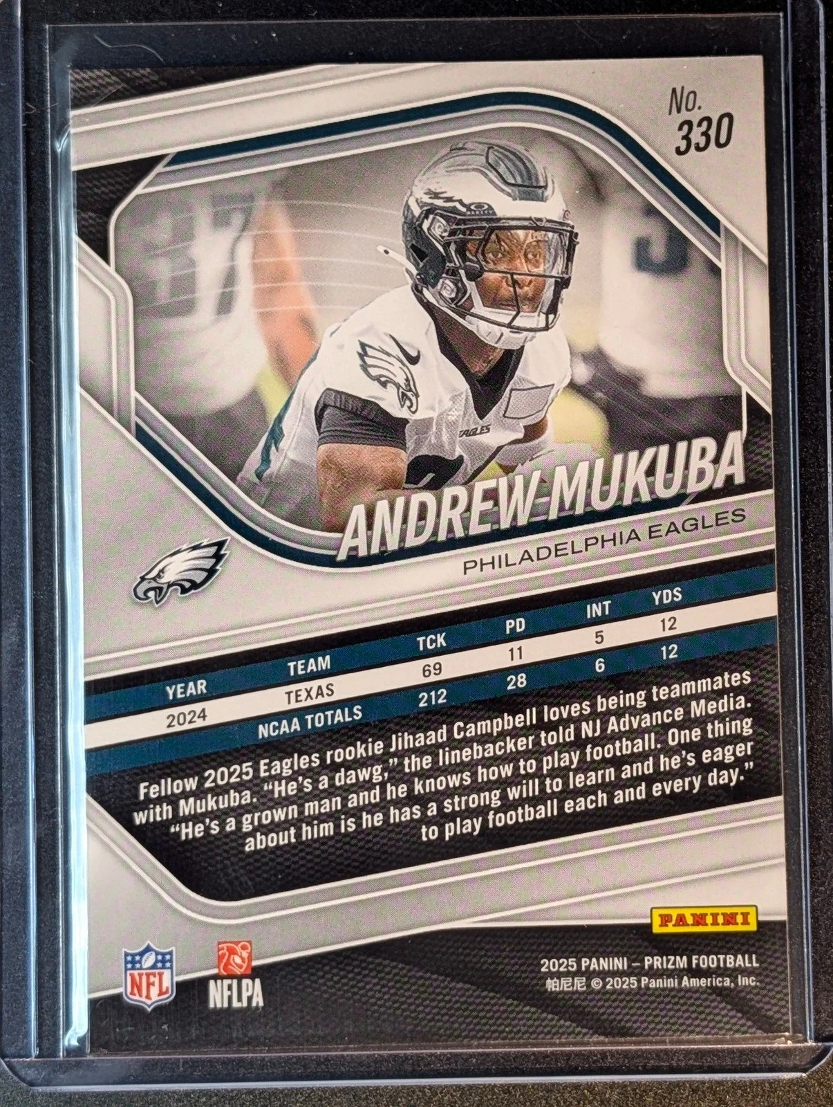 Back of 2025 Panini Prizm #330 Andrew Mukuba Rookie