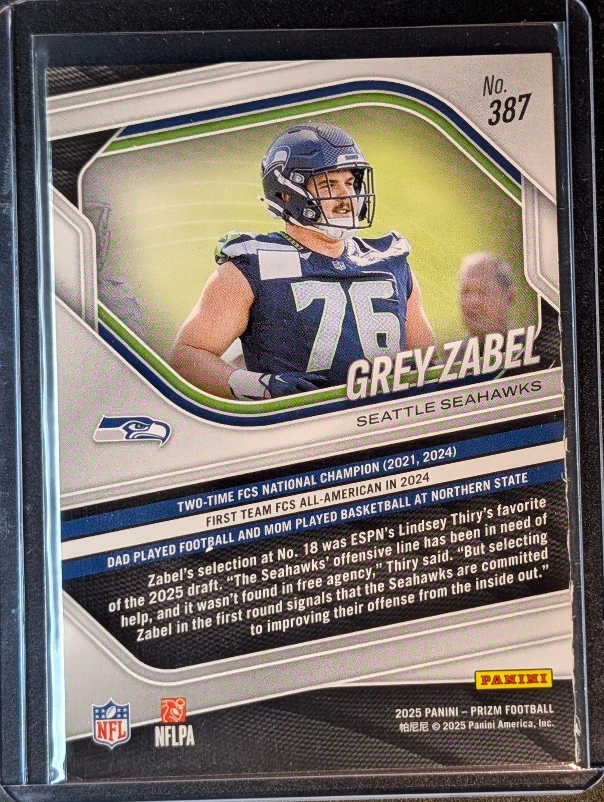 Back of 2025 Panini Prizm #387 Grey Zabel