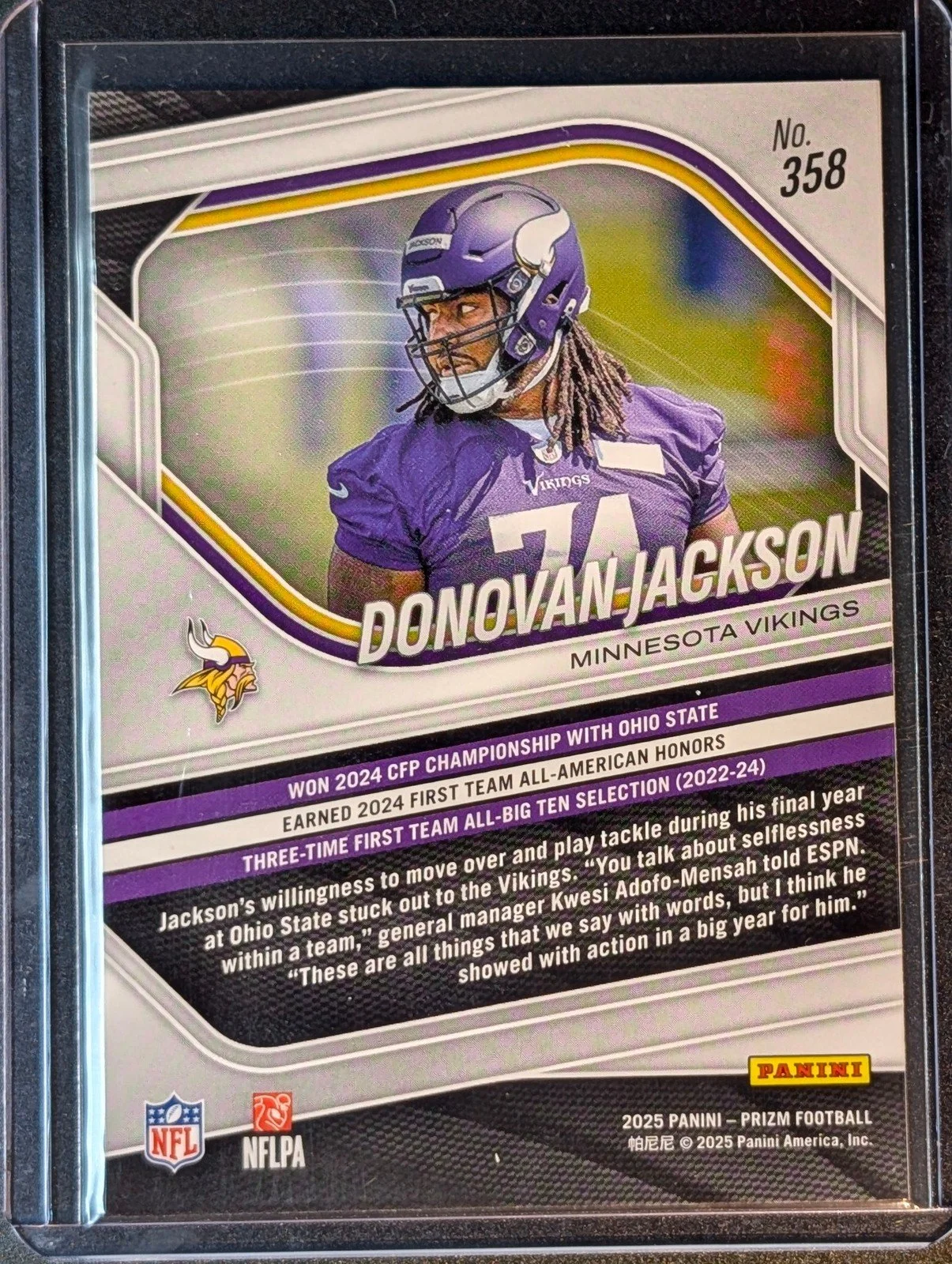 Back of 2025 Panini Prizm #358 Donovan Jackson Rookie