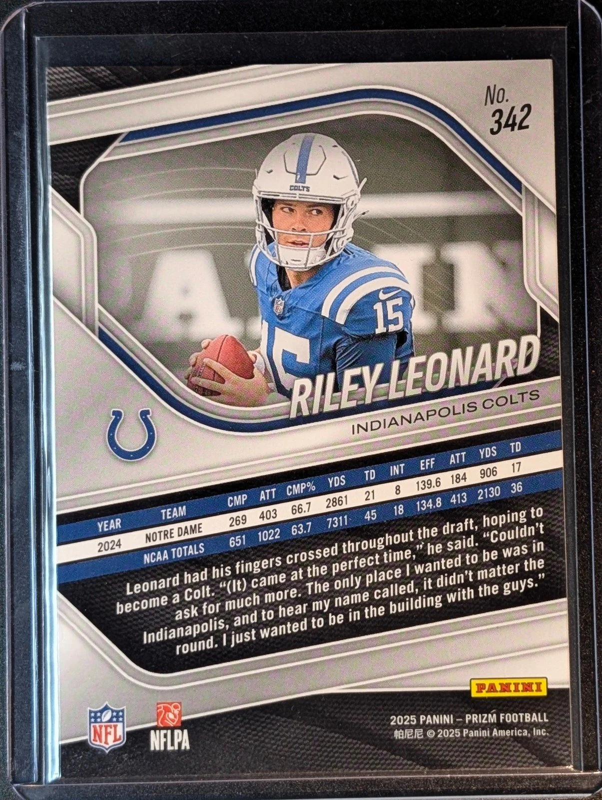 Back of 2025 Panini Prizm #342 Riley Leonard Rookie