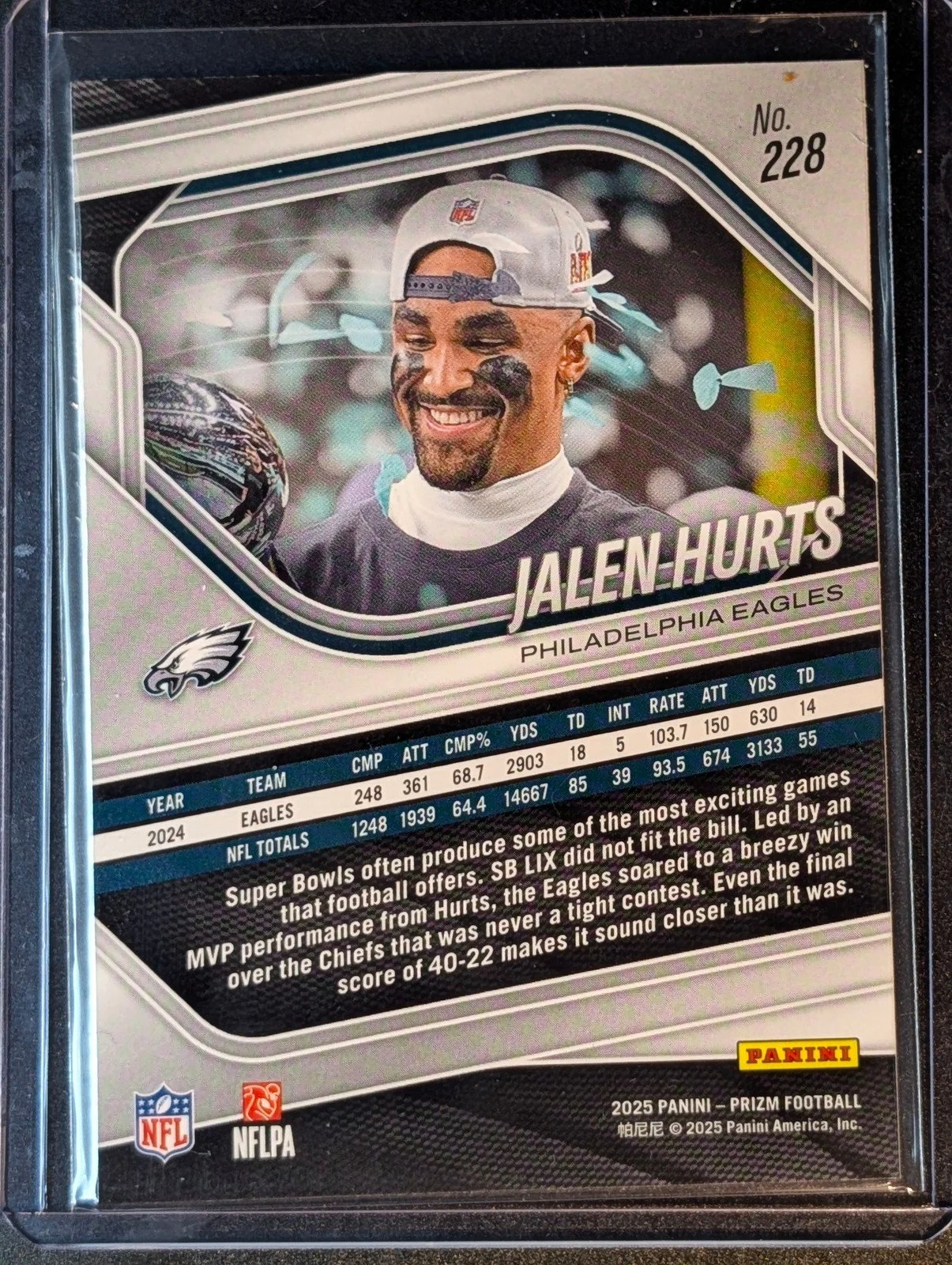 Back of 2025 Panini Prizm #228 Jalen Hurts Eagles Superbowl Champions