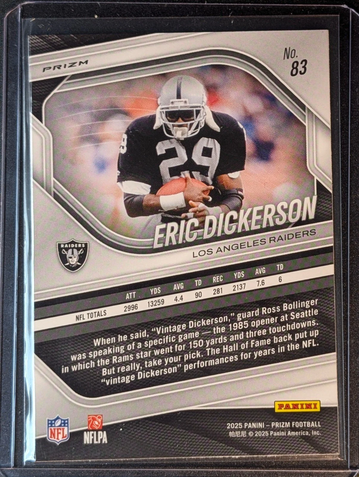 Back of 2025 Panini Prizm #83 Eric Dickerson Green Pulsar
