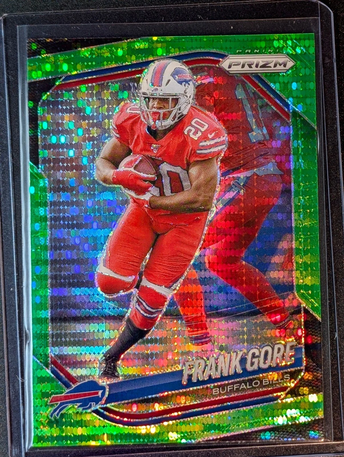 Front of 2025 Panini Prizm #140 Frank Gore Neon Green Pulsar
