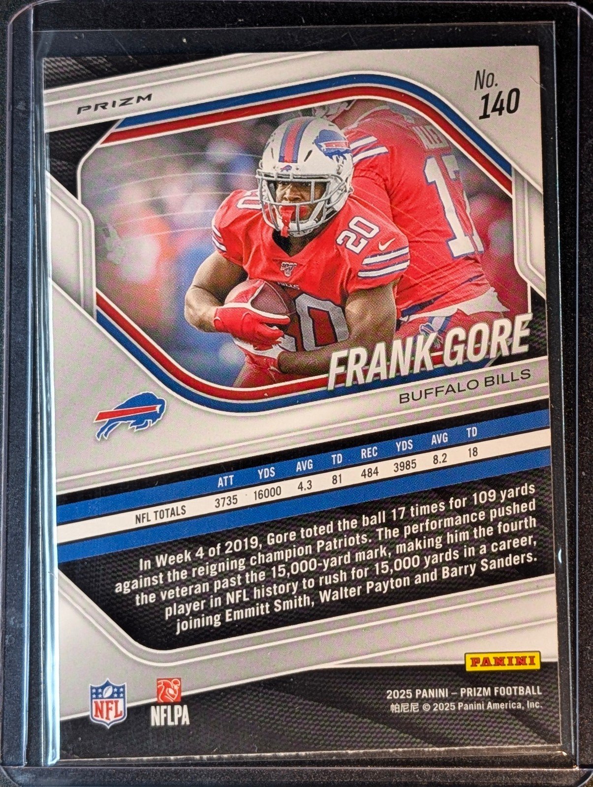 Back of 2025 Panini Prizm #140 Frank Gore Neon Green Pulsar